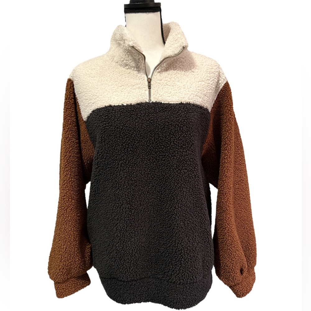 UNIVERSAL THREAD Fleece Color Block Pullover SIZE MEDIUM Cream Black Brown